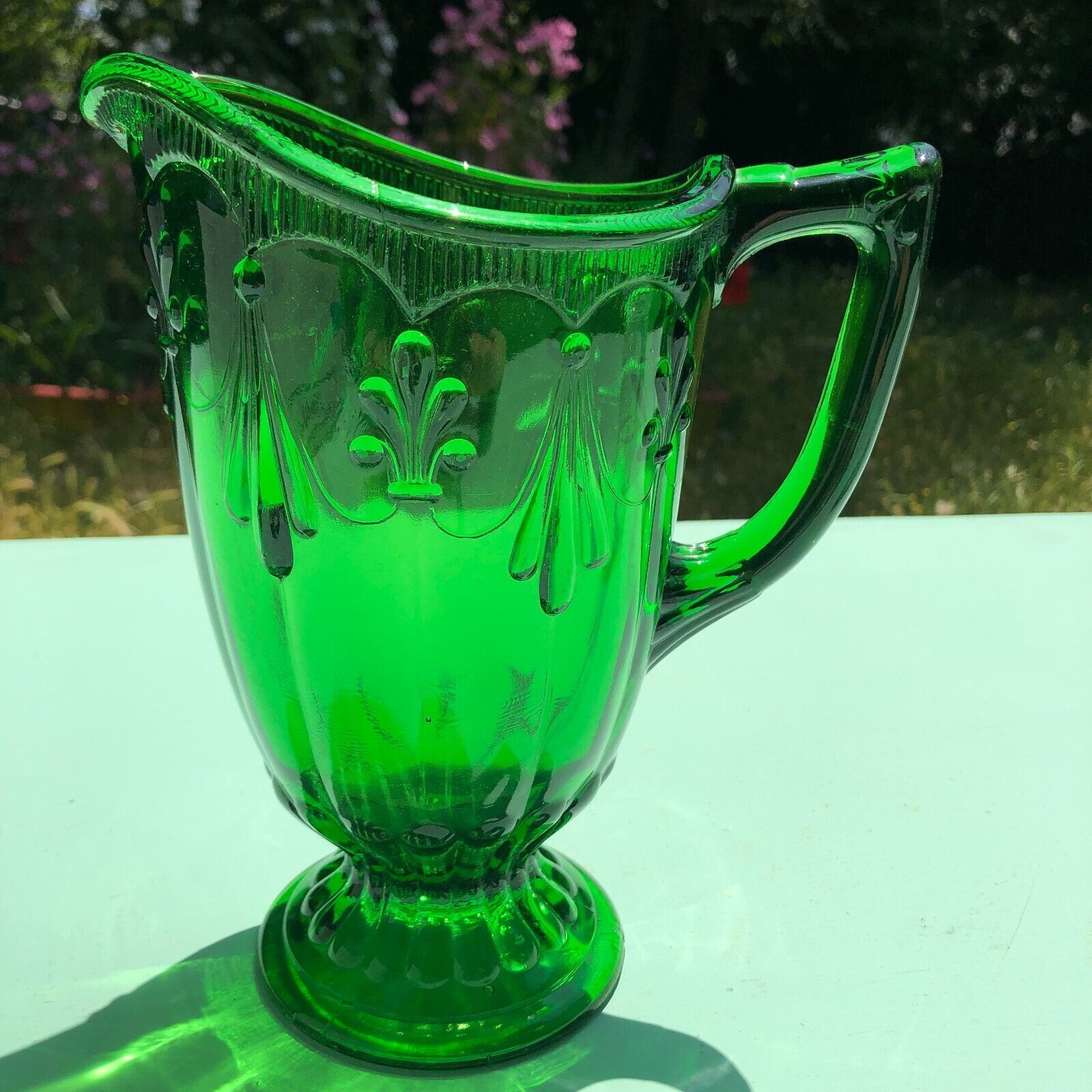Antique EAPG Pattern Glass Emerald Green Pitcher Fleur de Lis and Drape