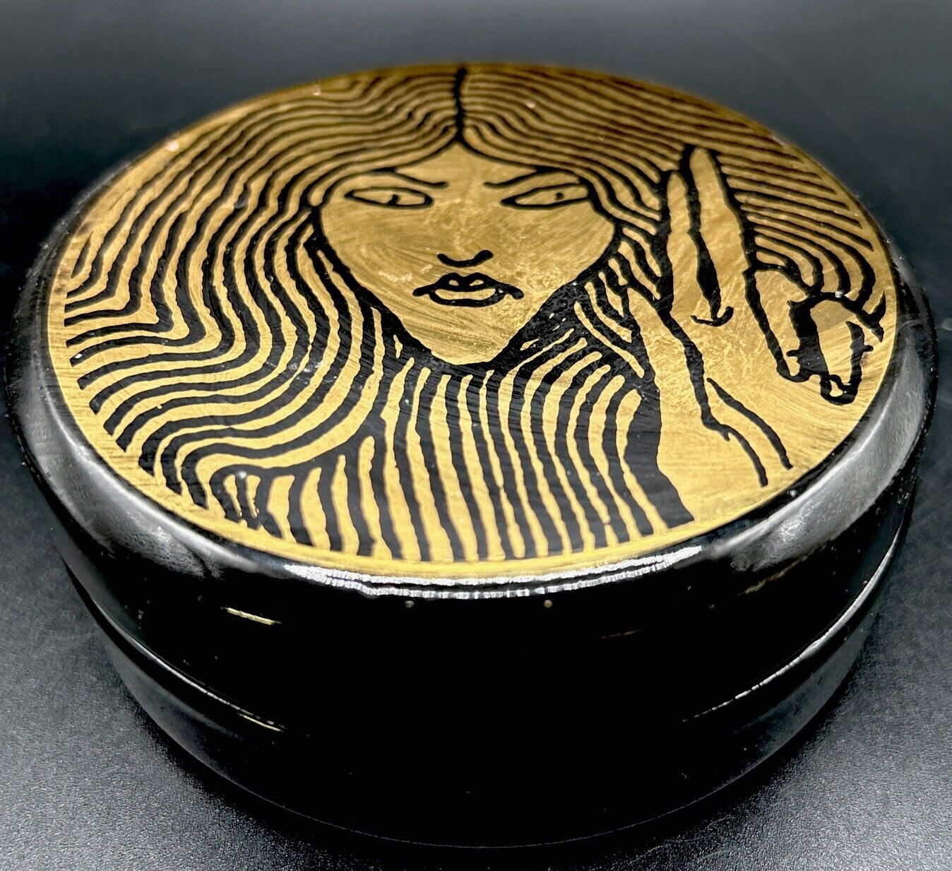 Vintage Aubrey Beardsley  Ceramic Trinket Powder Dish Black Gold Design MCM Rare