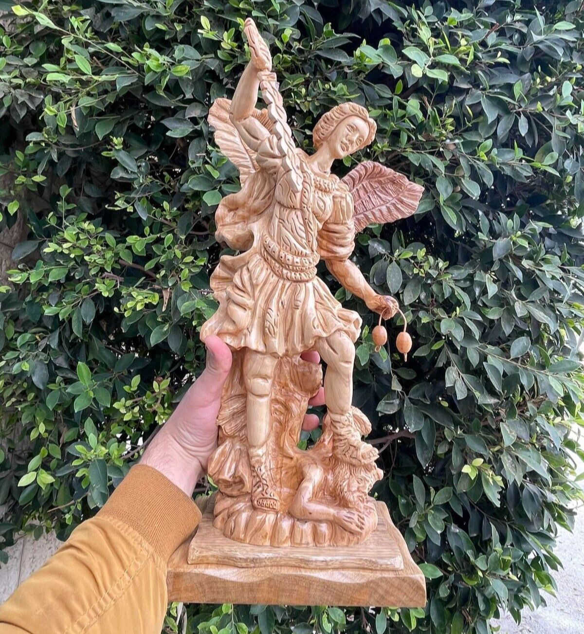 Huge Saint Michael Olive Wood Hand Carved Artist Masterpiece Bethlehem Crafts