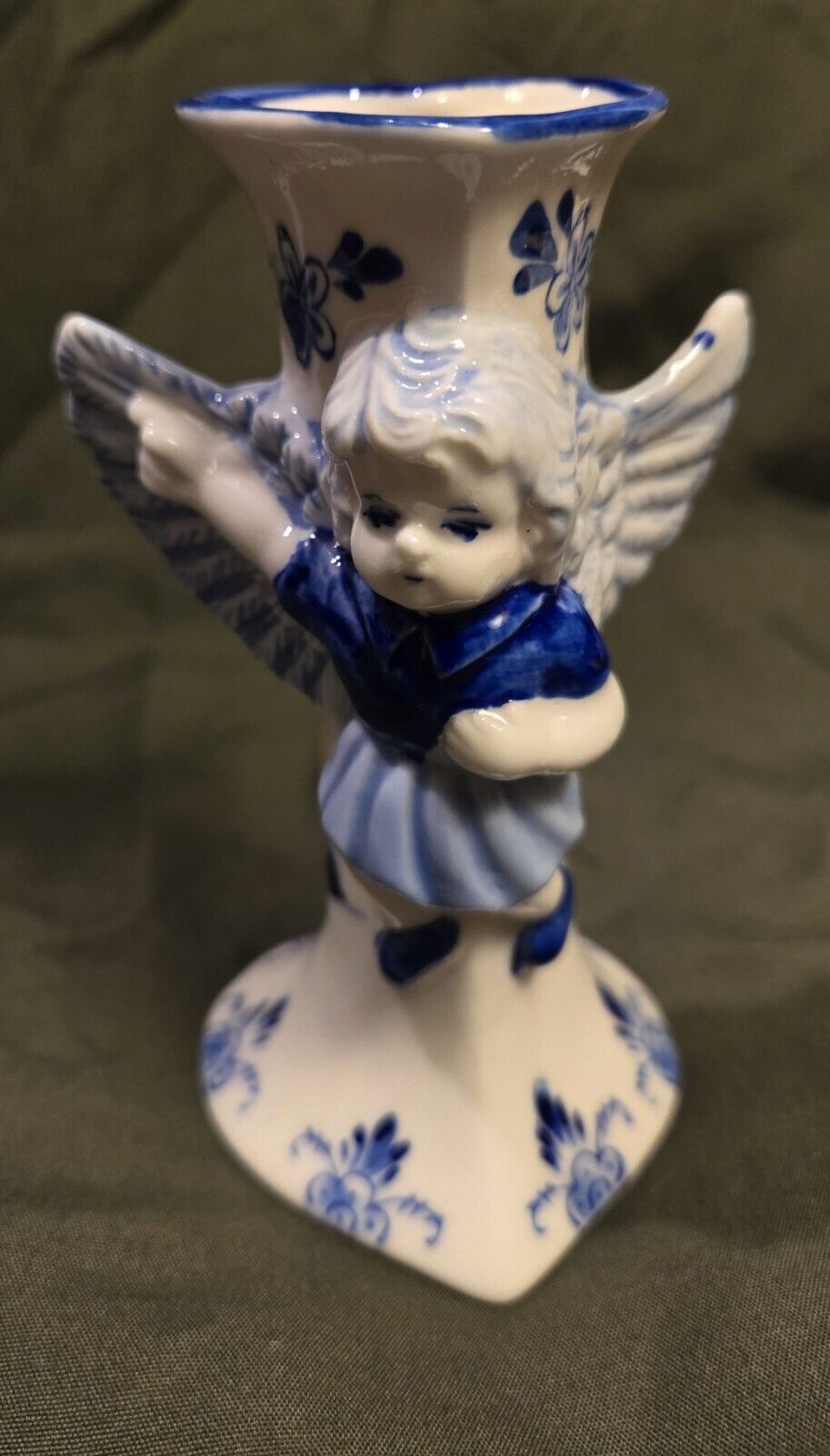 Vintage Delft Style Blue & White Angel Porcelain Bud Vase/Candle Holder
