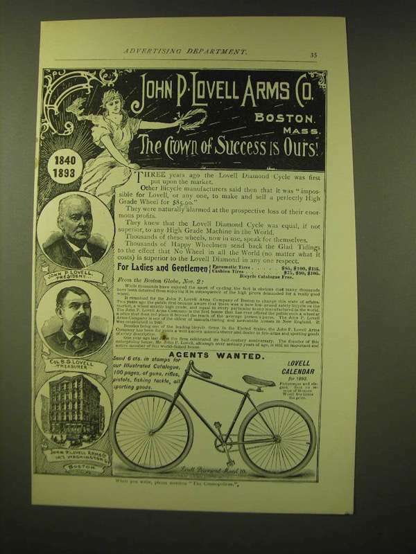 1893 Lovell Diamond Cycle Ad - The Crown of Success is Ours