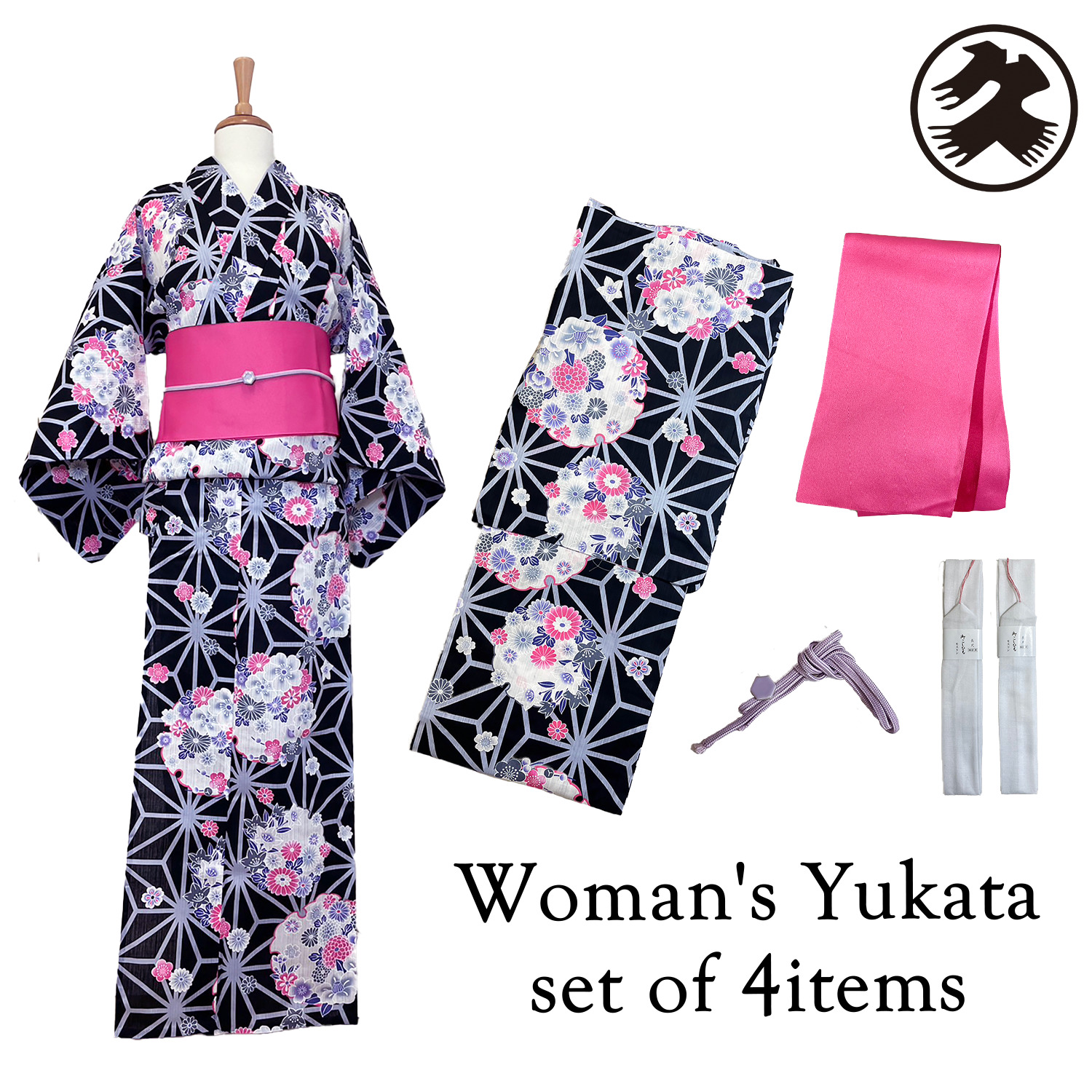 Women\'s Yukata Coordinate Set of 4 For Beginners : Black bloom flower & Pink obi