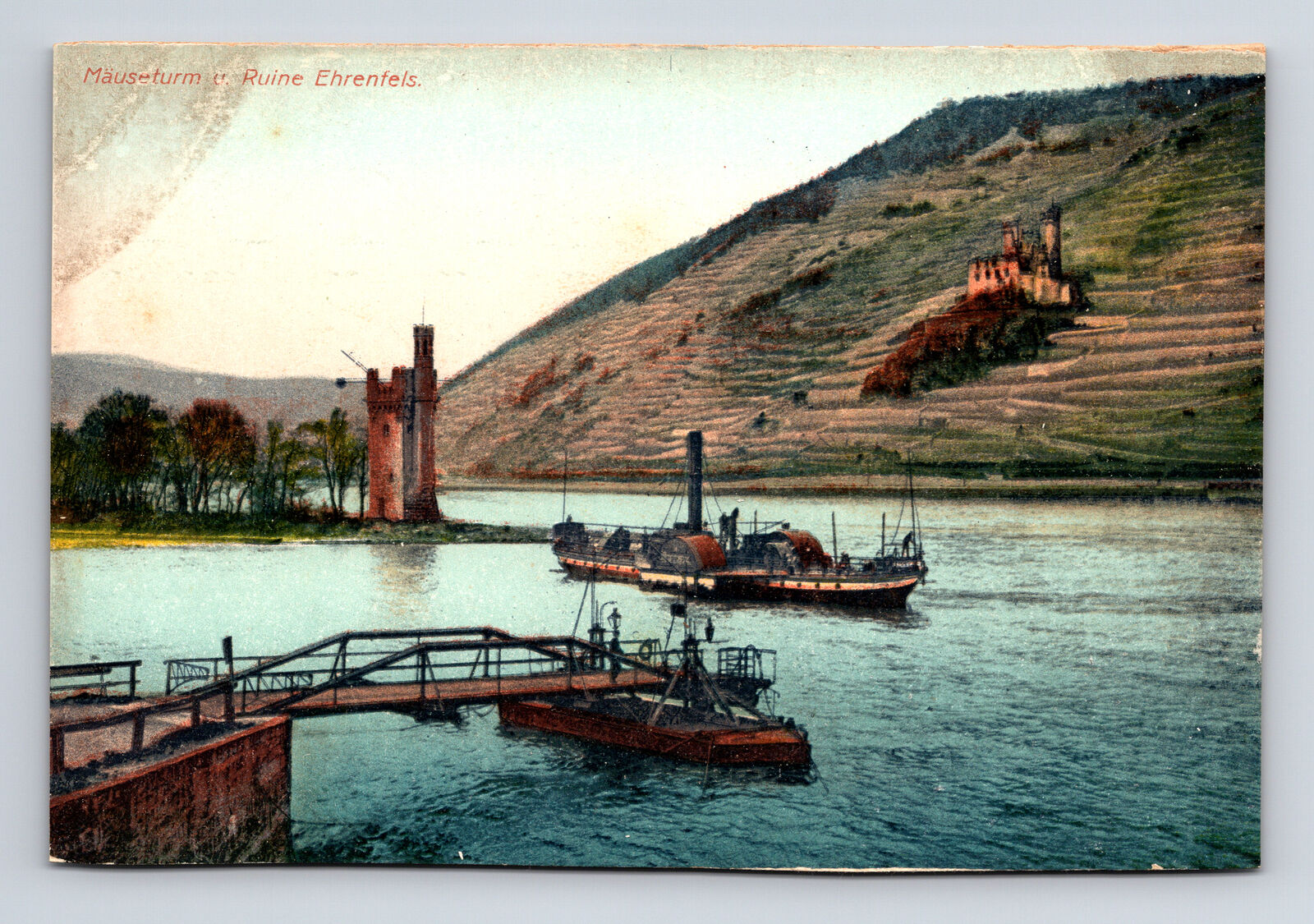 Ehrenfels Castle Mouse Tower & Steamship Steamer Hesse Germany Postcard