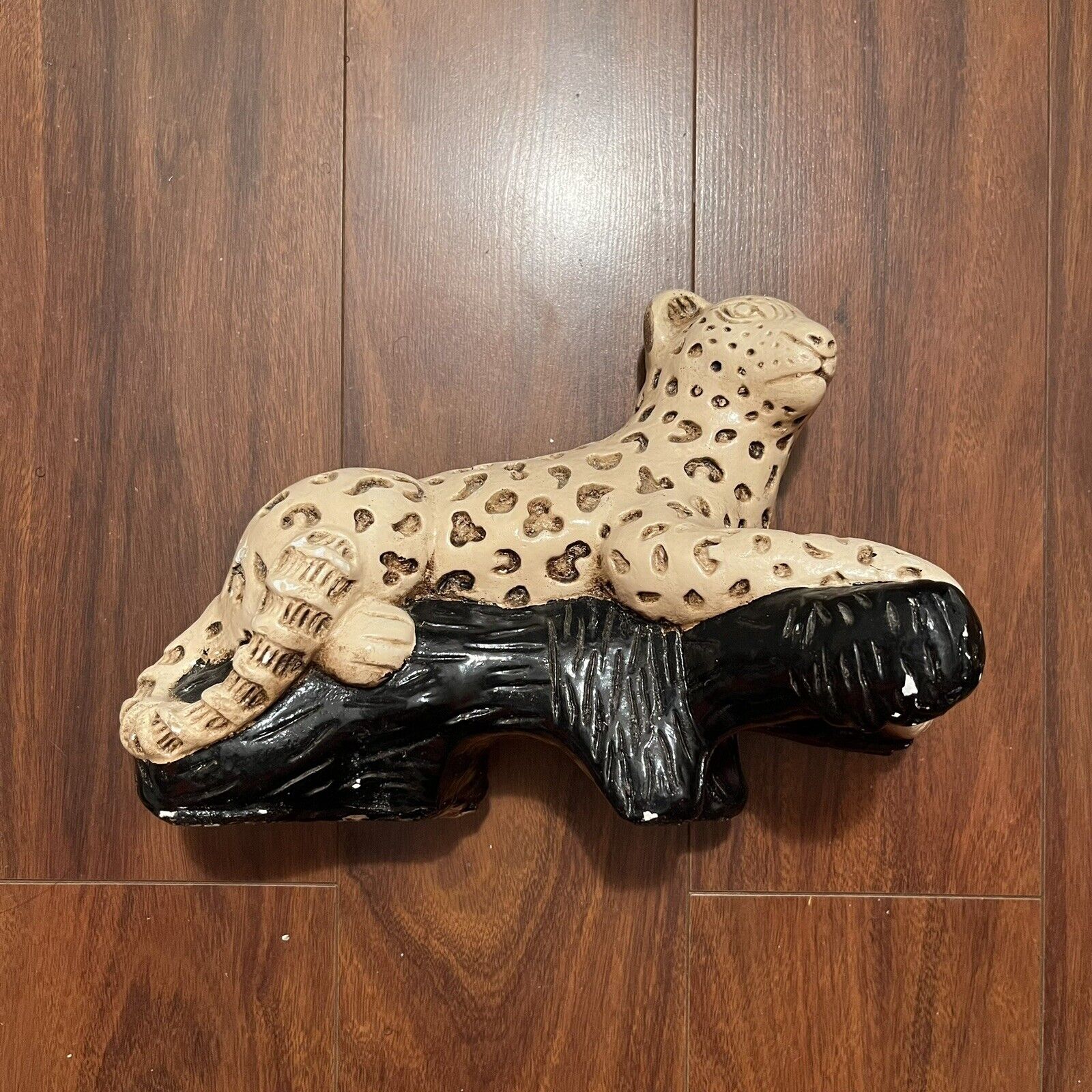 Mid Century White Leopard On Log Chalkware Ceramic Sculpture MCM Mexico Boho