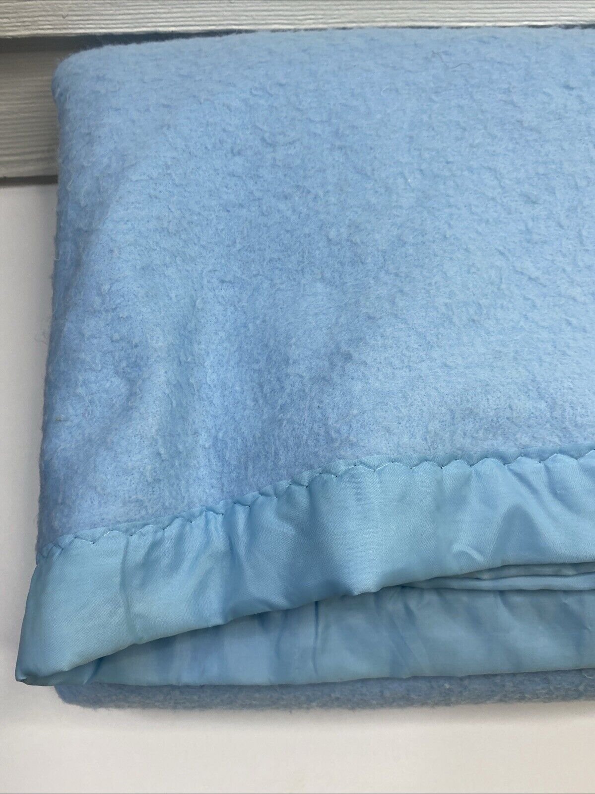 Vtg Acrylic Trim Blanket Blue King Size Retro 80s 90s  100”x103”