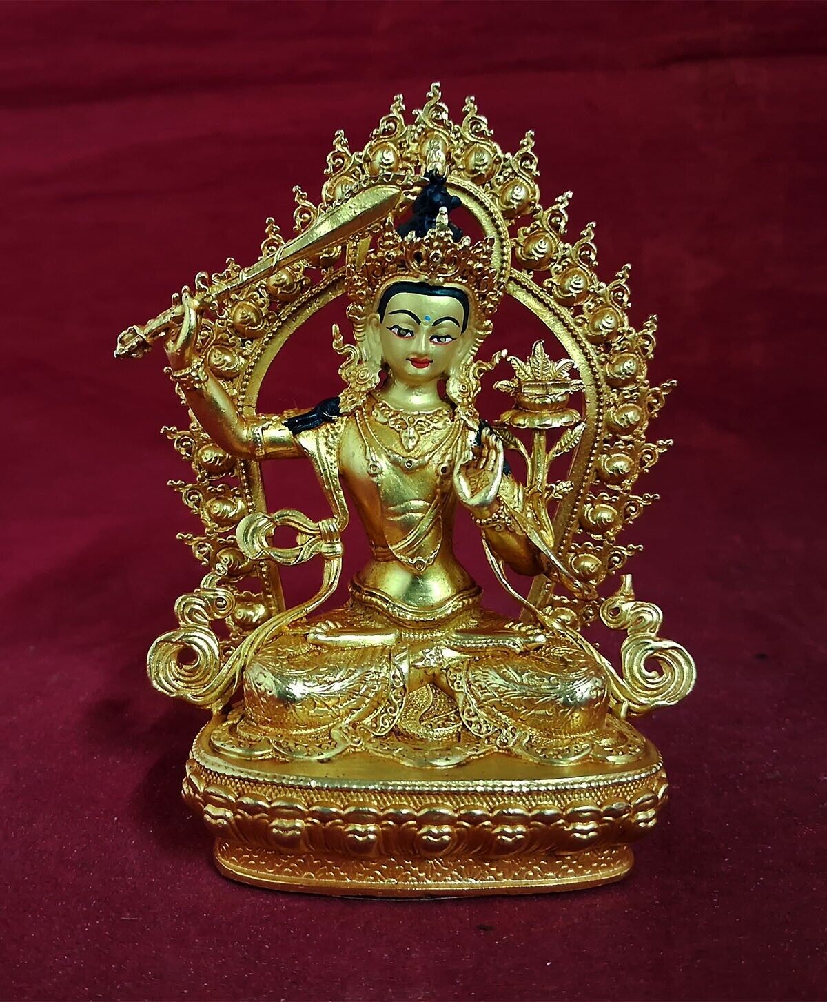 Buddhism Goddess Manjushri Gold Face Paint Copper Gold Plated Statue Figure free