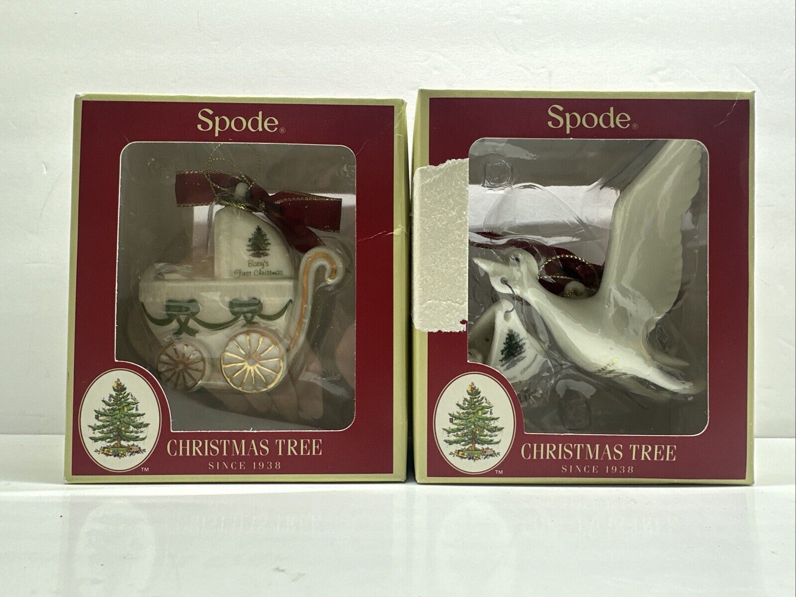 2 Spode 2013 Baby’s First 1st Christmas Ornament Carriage And Crane Bird