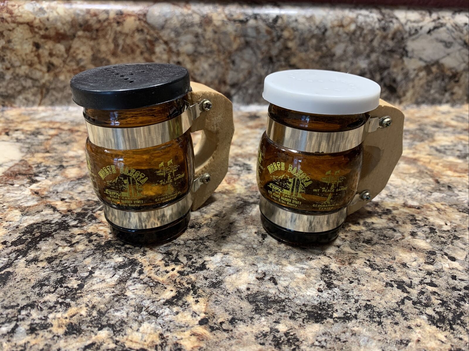 Vintage Souvenir Salt And Pepper Shakers North Dakota Tiny Beer Mug Replicas