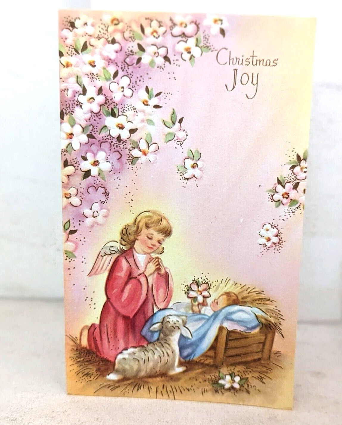 Vintage 1950\'s Angel Baby Jesus Lamb Manger Christmas Used Greeting Card (EB7939