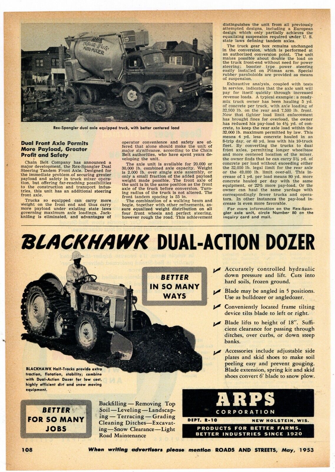 1963 ARPS Co. Ad: Blackhawk Dual Action Half Track Dozer - New Holstein, WI