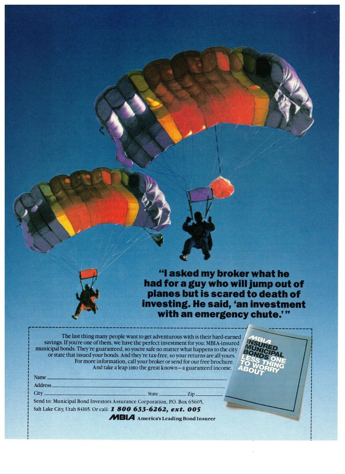 1993 MBLA Insured Municipal Bond Investing Parachute Vintage Print Advertisement