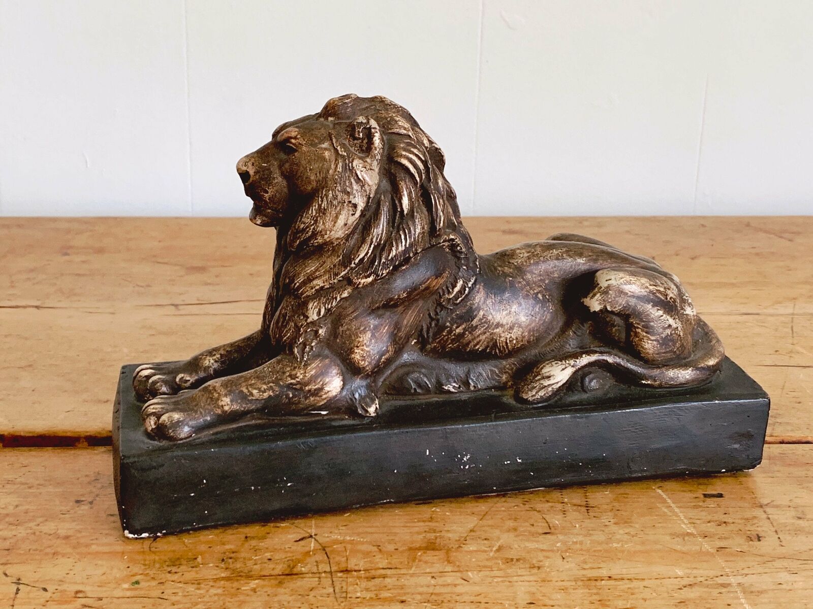 Vintage Crouching Lion on Plinth Paperweight Desktop Statue | Animal Decor