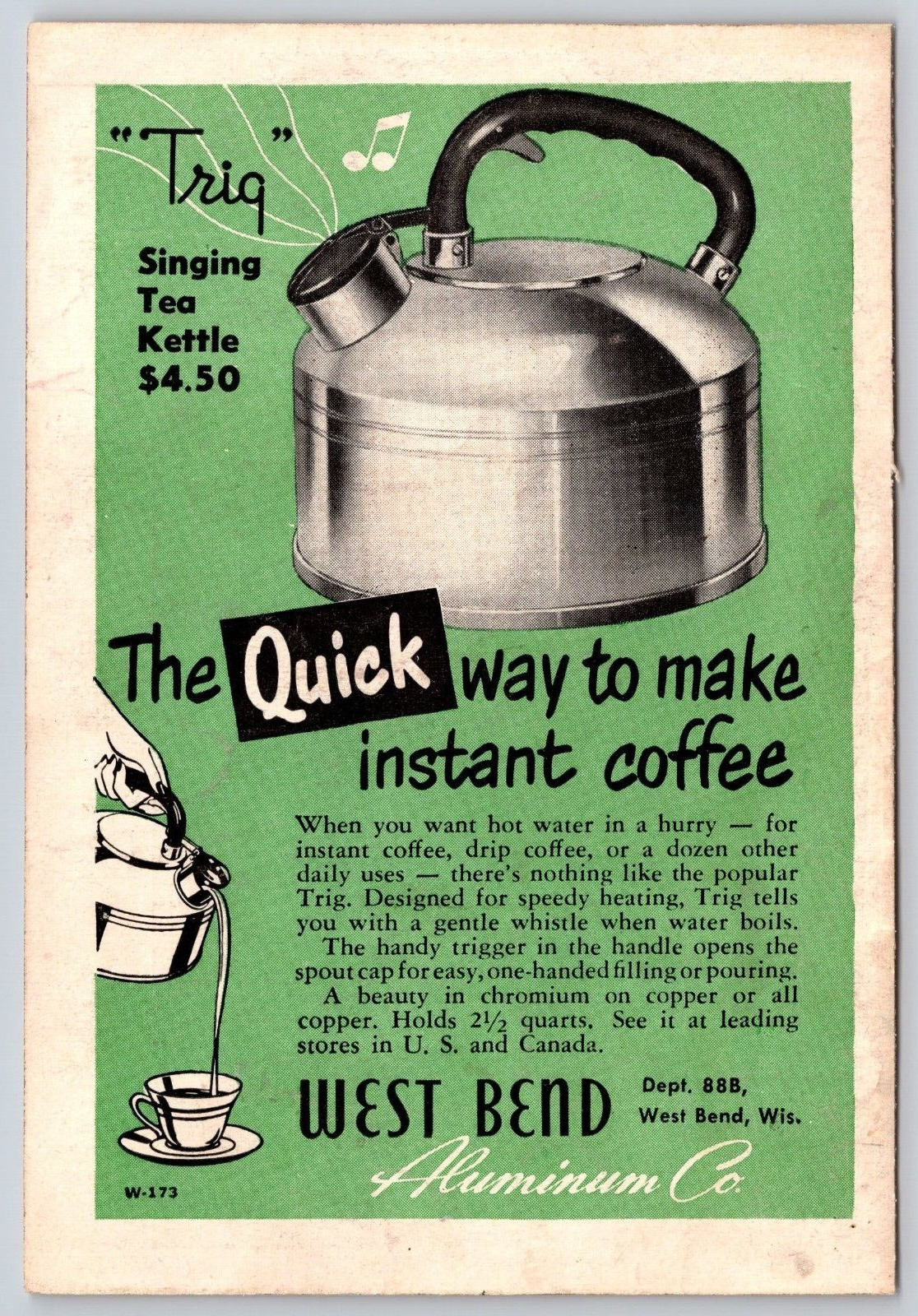 1950 PRINT AD West Bend  Aluminum Co Trig Singing Tea Kettle Quick Way Instant