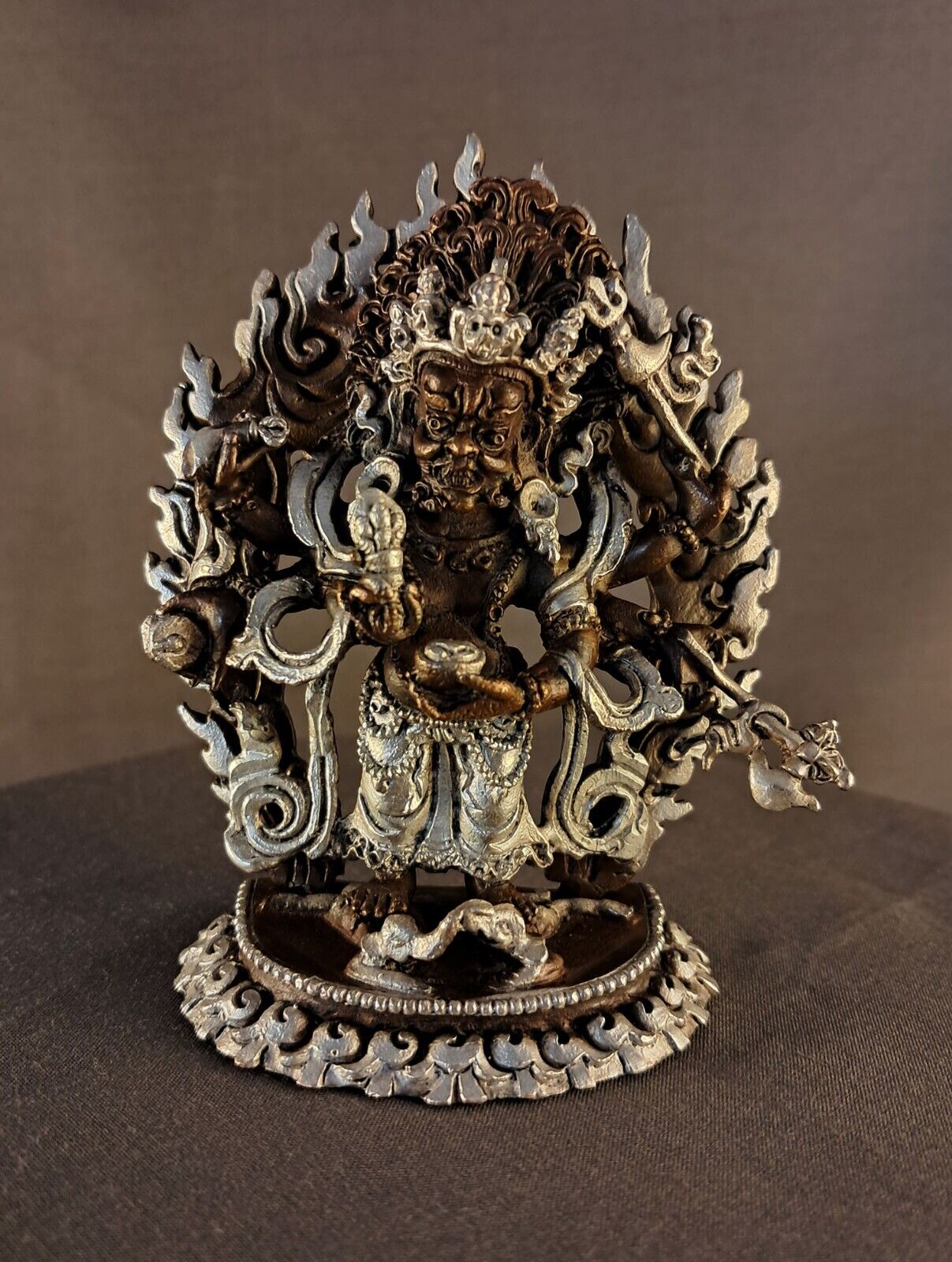Six hand White Mahakala Bhairav Guru Dragpo Padma Sharvari Copper Statue Figure