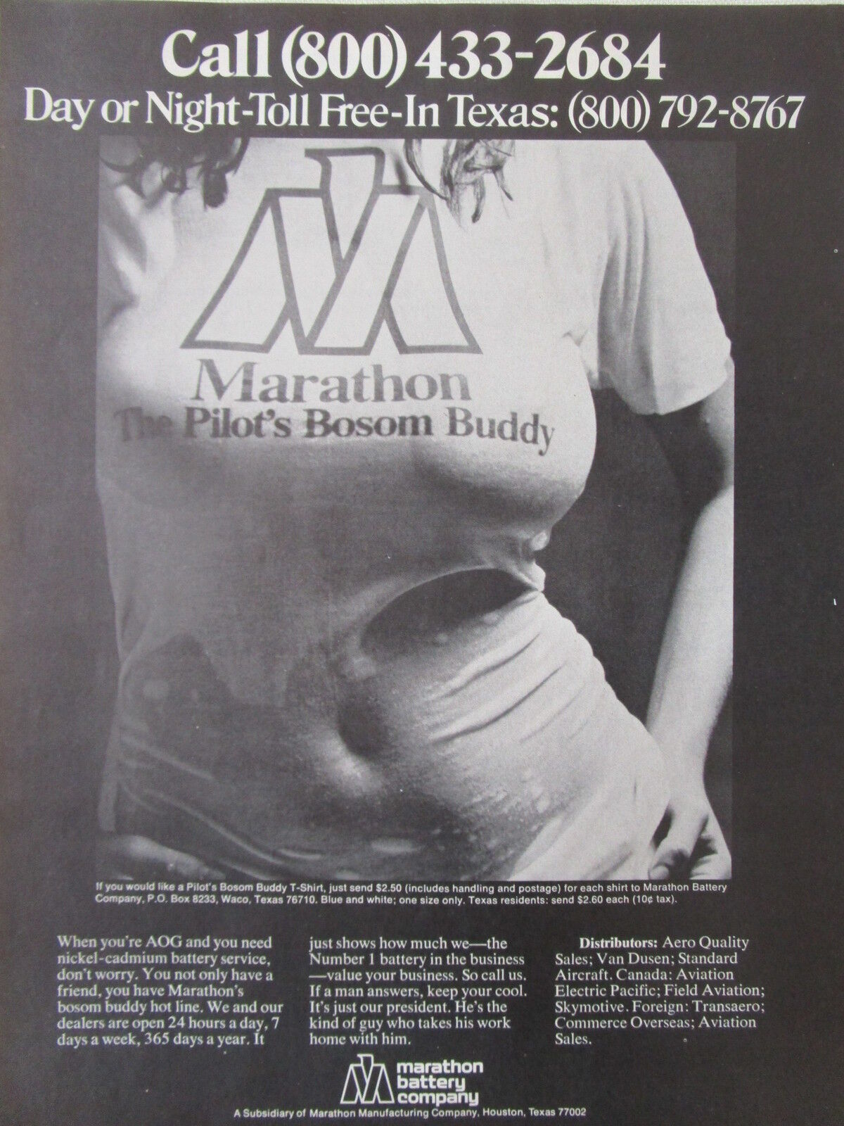 6/1973 PUB MARATHON BATTERY NICKEL CADMIUM PILOT'S BOSOM BUDDY CHEST GIRL AD