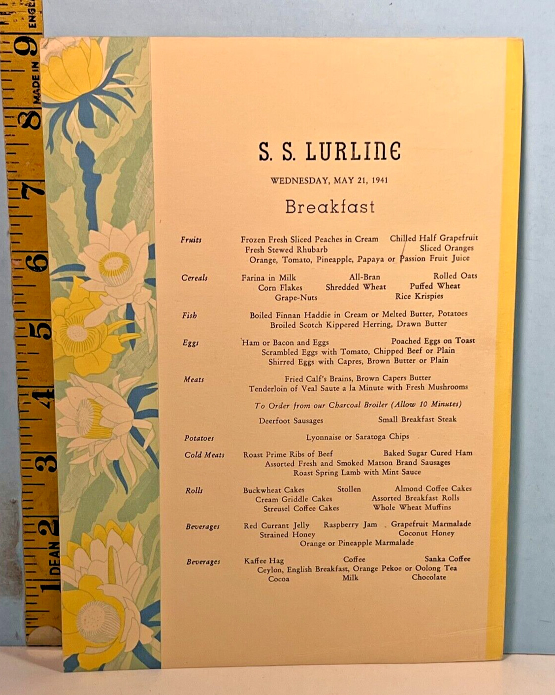 1941 S.S. Lurline Cruise Line Breakfast Menu