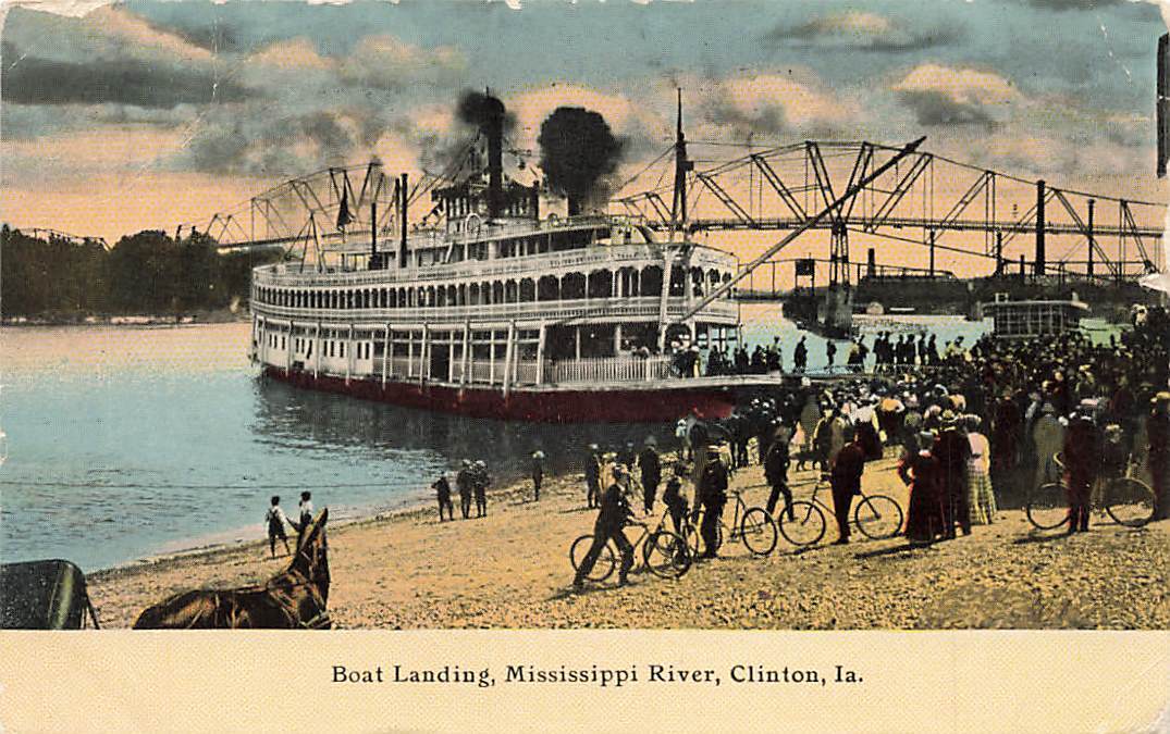 c1910 Boat Landing Mississippi River People Steamer Bicycle Clinton Iowa IA P504