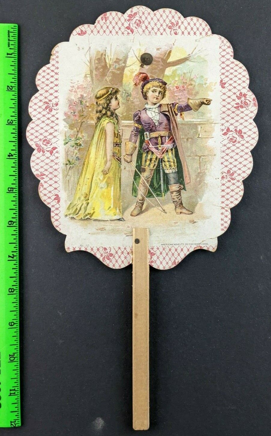 Vintage 1880s Scull's Coffee Boy Sword Bow Girl Die Cut Fan Victorian Trade Card