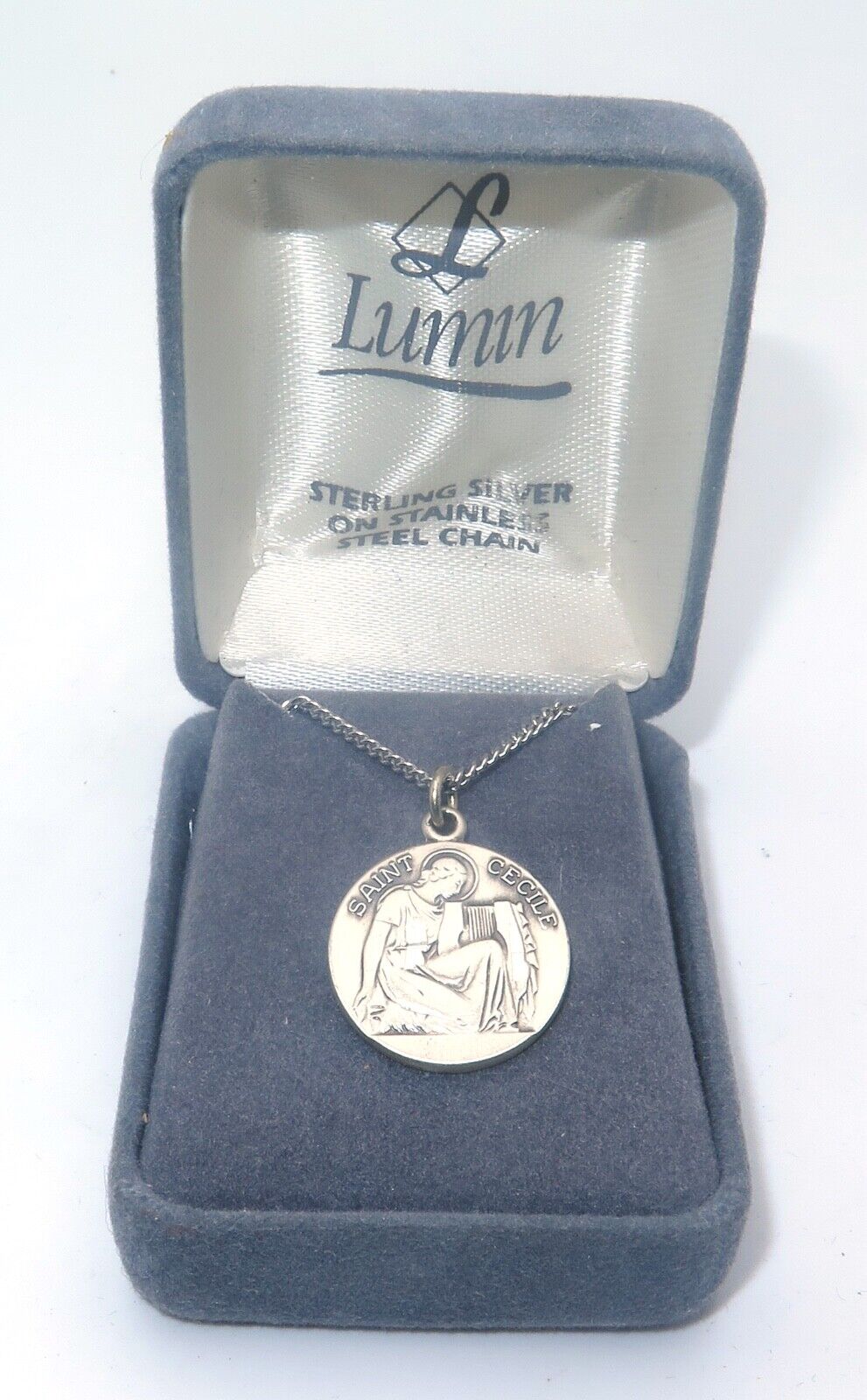 NIB Sterling Silver 925 Lumin Saint Cecile Medal Christian Pendant Necklace Box