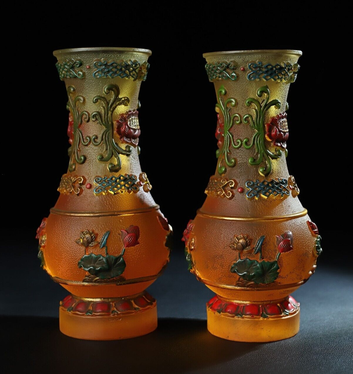 9″ Exquisite amber Coloured glaze carved lotus flower bottle Pair noble vase