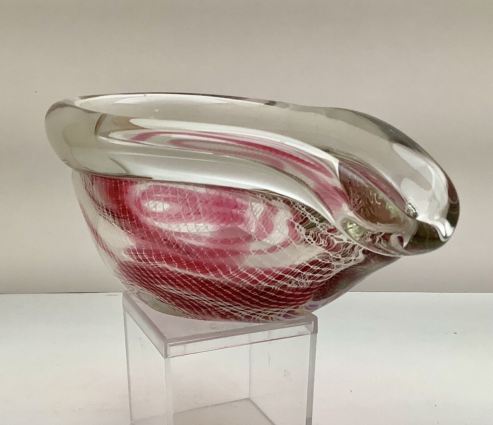 Czech Harrachov Harrtil Art Glass Pipe Bowl Fishnet Pink White Ashtray VTG