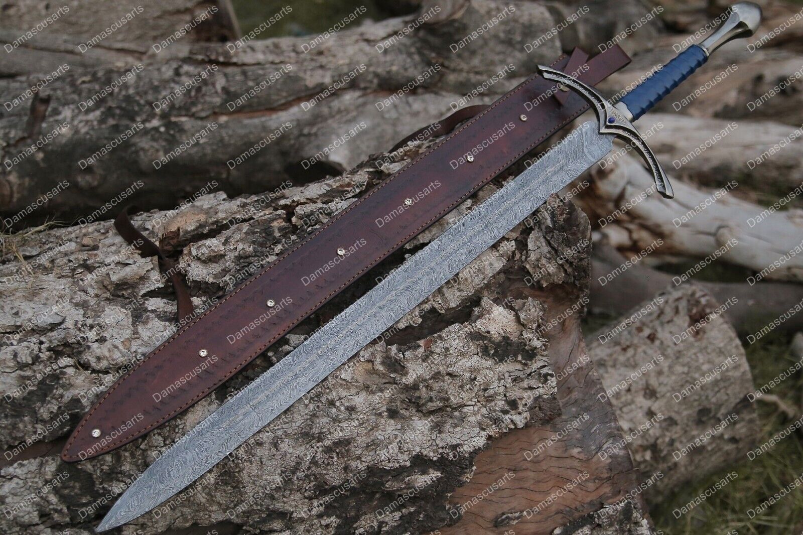 HANDMADE DAMASCUS STEEL VIKING SWORD WITH POMMEL HANDLE HUNTING SWORD AND SHEATH