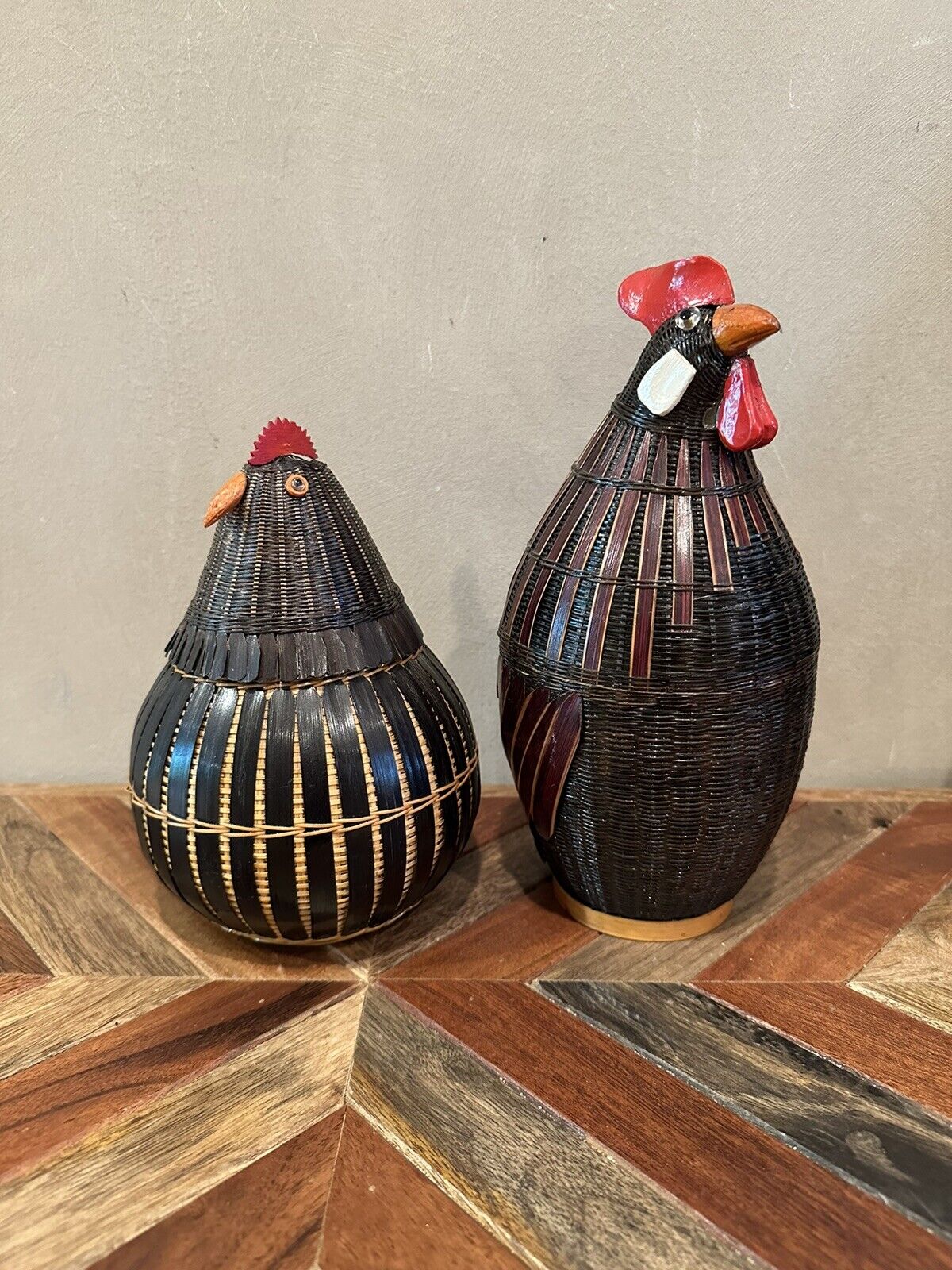Vintage Shangai Handicrafts Wicker Chicken Rooster Baskets with Lids Lot