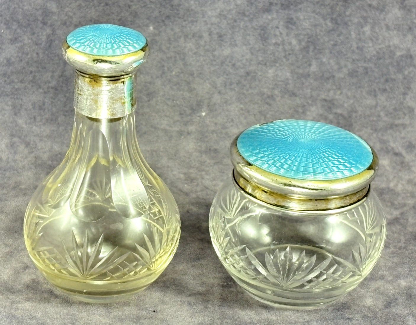 Antique Sterling Silver and Enamel Vanity Jar or Perfume Bottle w Stopper Match