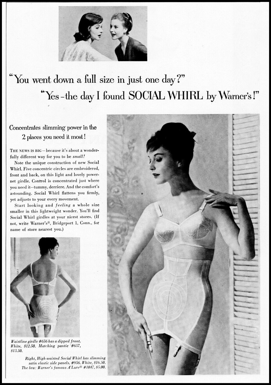 1958 pretty woman Warner\'s Social Whirl Bra and Girdle retro photo print ad L37