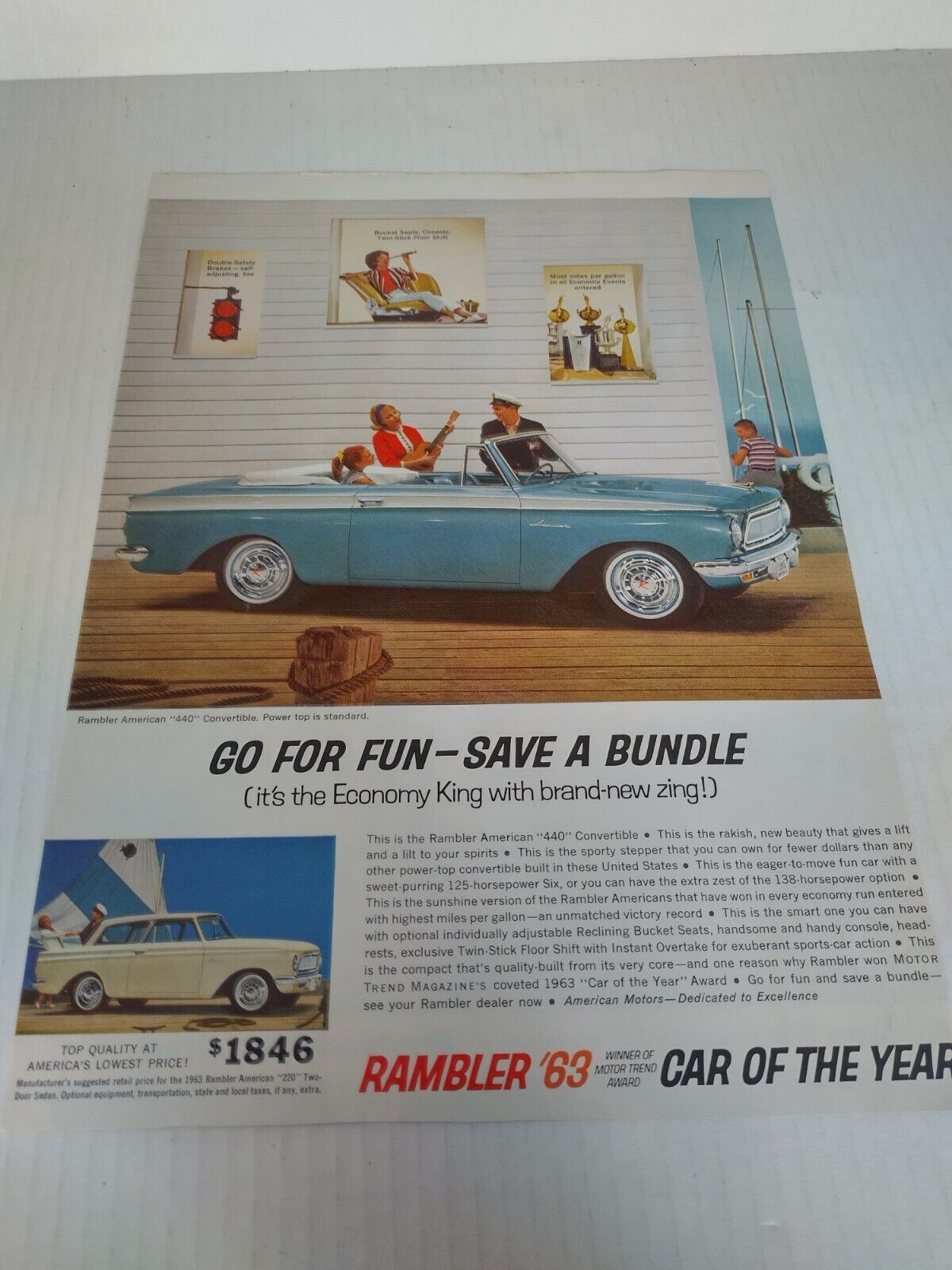 1963 Vintage Print Ad Rambler American 440 Blue Convertible Car Of The Year