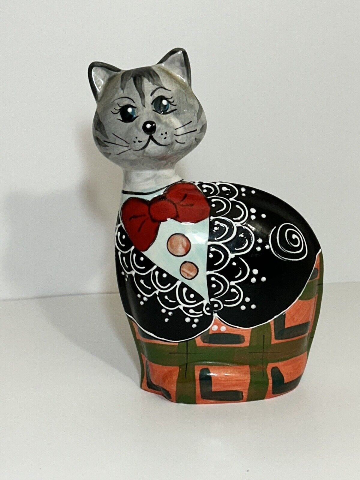 TUROV Limited Edition Glazed Ceramic Cat Gray Tabby Red Bow Tie 9” Tall