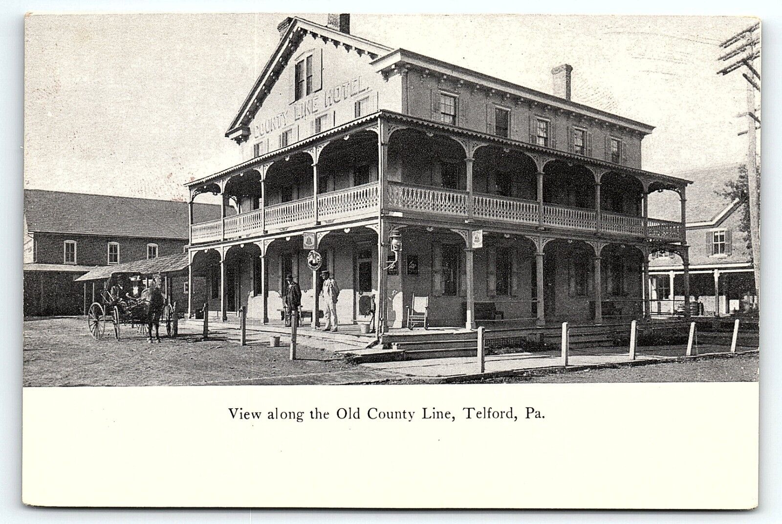 c1910 TELFORD PA COUNTY LINE HOTEL VIEW HORSE AND CARRIAGE EARLY POSTCARD P4085