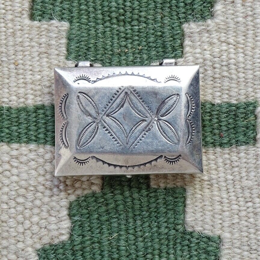 Lidded Pill Box Native American Navajo Sterling Silver Handmade Stamp Decorated
