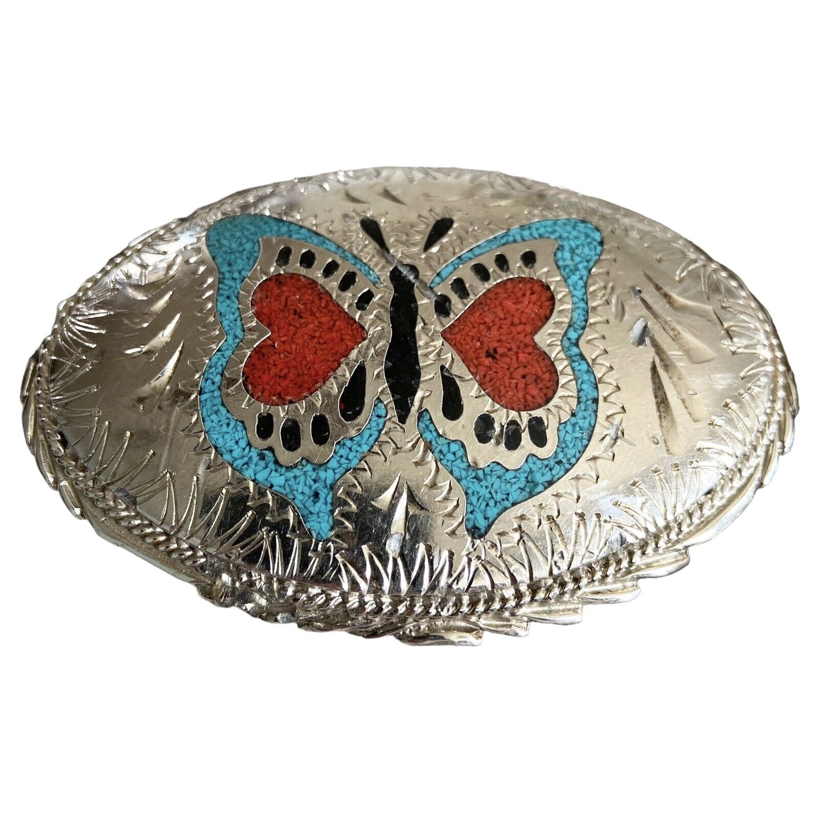 Vintage Butterfly Belt Buckle Silver Plated Turquoise Coral Inlay Hand Made