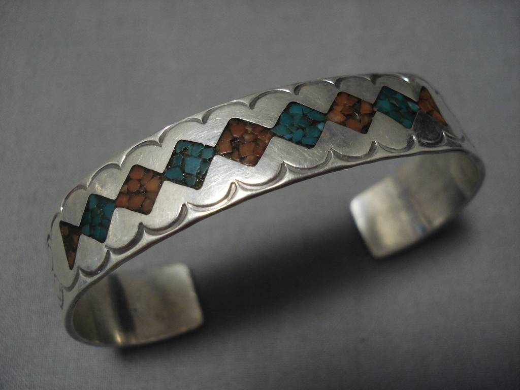 AMAZING VINTAGE NAVAJO NATIVE AMERICAN TURQUOISE INLAY STERLING SILVER BRACELET