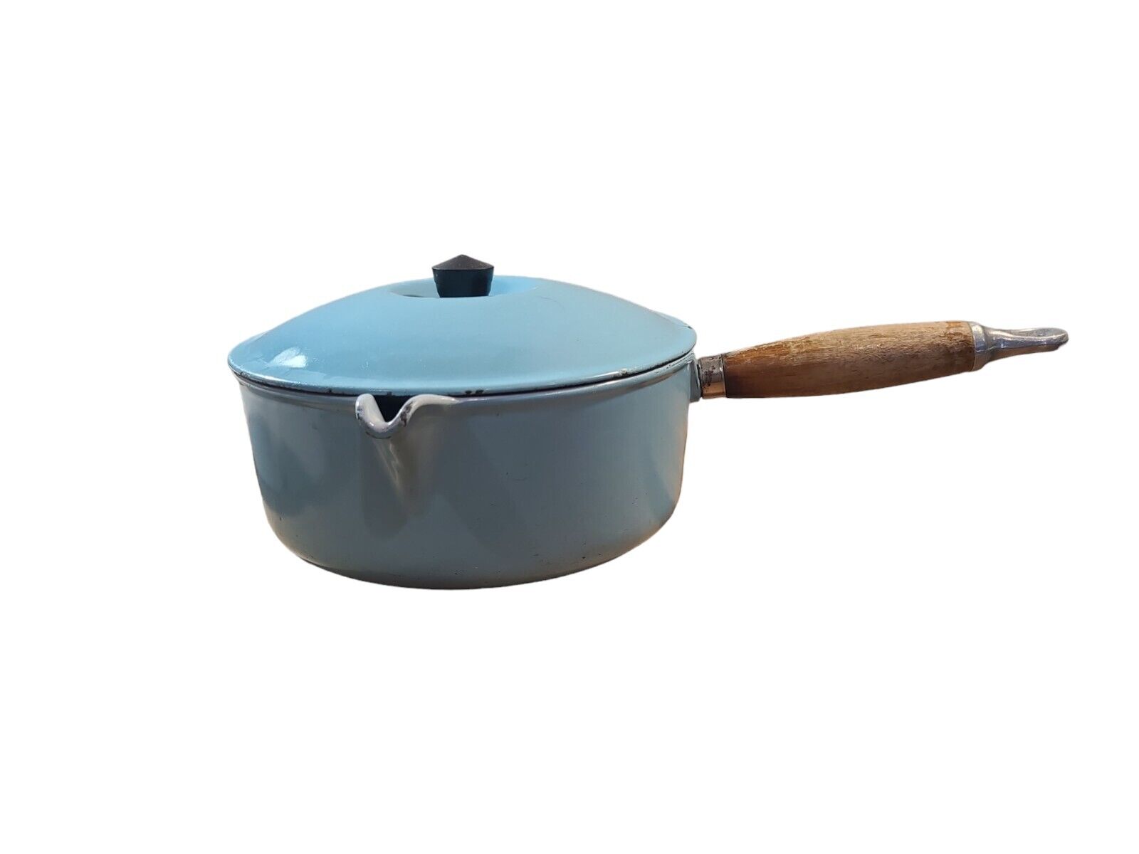Vintage MCM Le Creuset # 22 8'' Sauce Pan Pot W/ Lid Paris Blue Teak Wood Handle