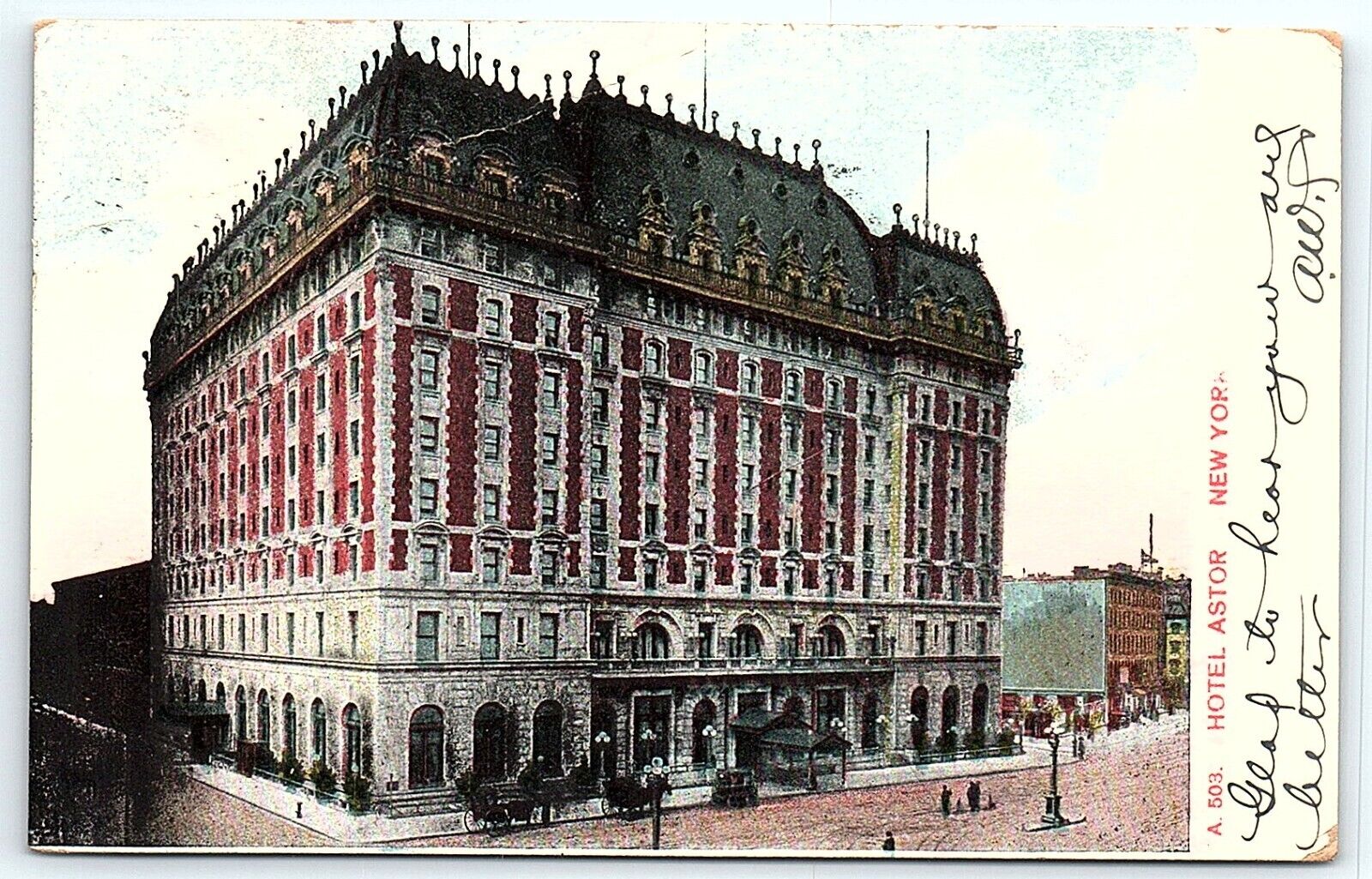 1907 Hotel Astor 44th & 45th NY Cosmospec PC Madison Square Station Postmark