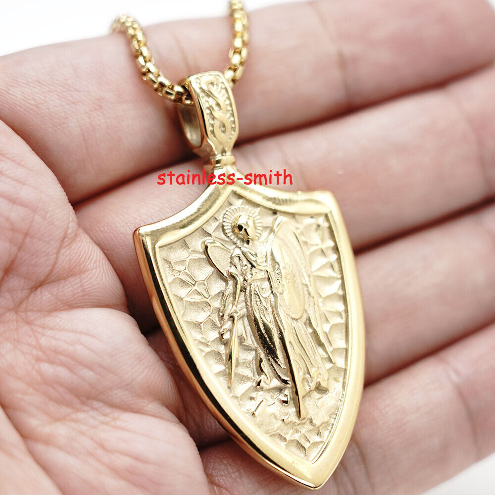 Mens Gold Catholic Christian Saint St Michael Medal Medallion Pendant Necklace