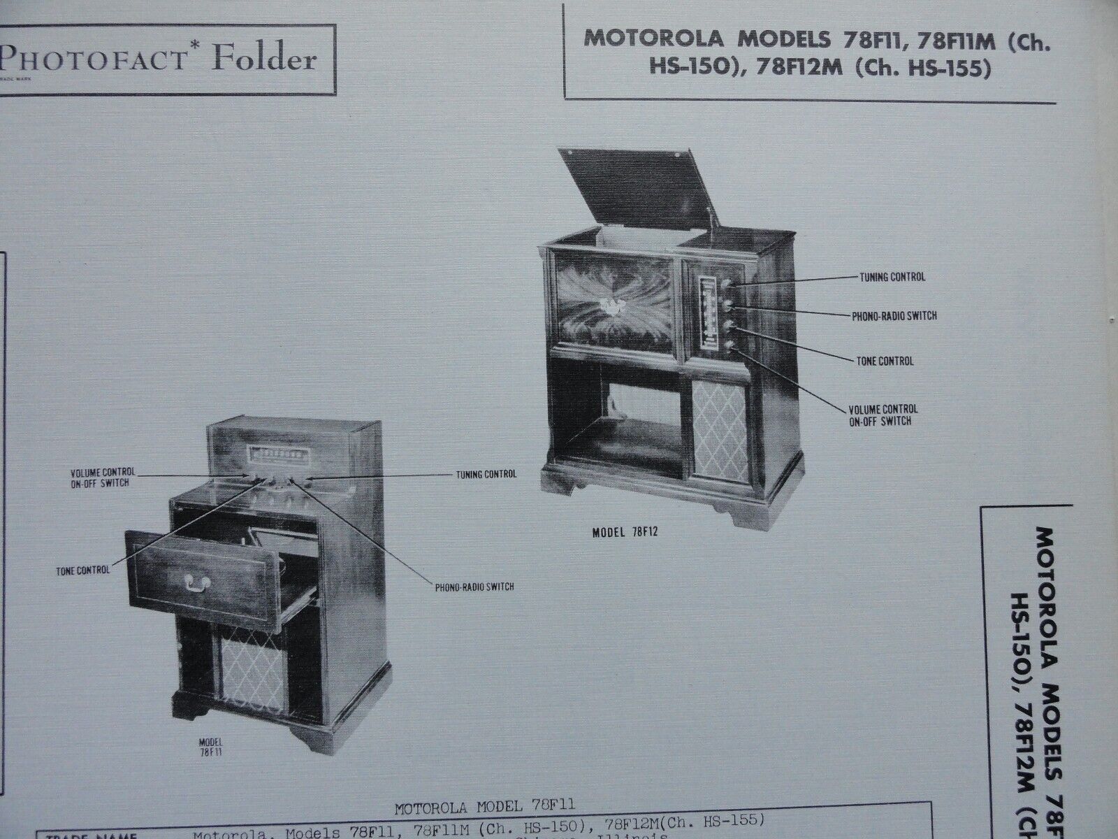 Vintage Sams Photofact Manual MOTOROLA MODEL 7811, 78F11M, 78F12M