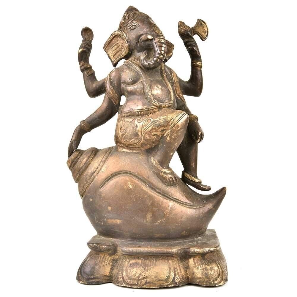 Handmade Brass Shankh Conch Ganesh Chaturthi Idol Statue Antique Finish