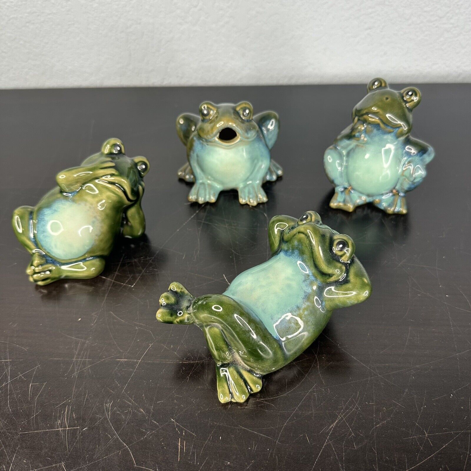 Vintage Lot Of 4 Frog Figurines Green Glazed Ceramic Relaxing Frogs - EUC