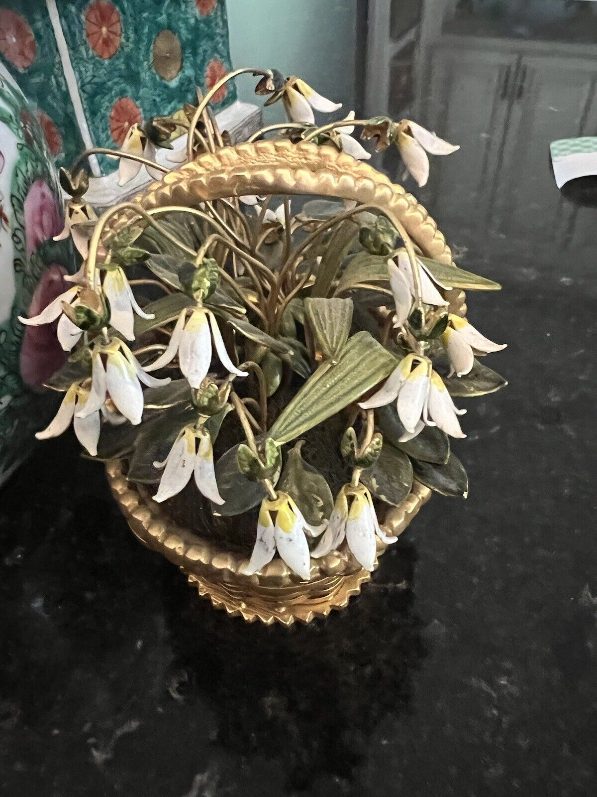 Jane Hutcheson Flower Basket Gold Metal Basket White Flowers Snow Drops Gorham