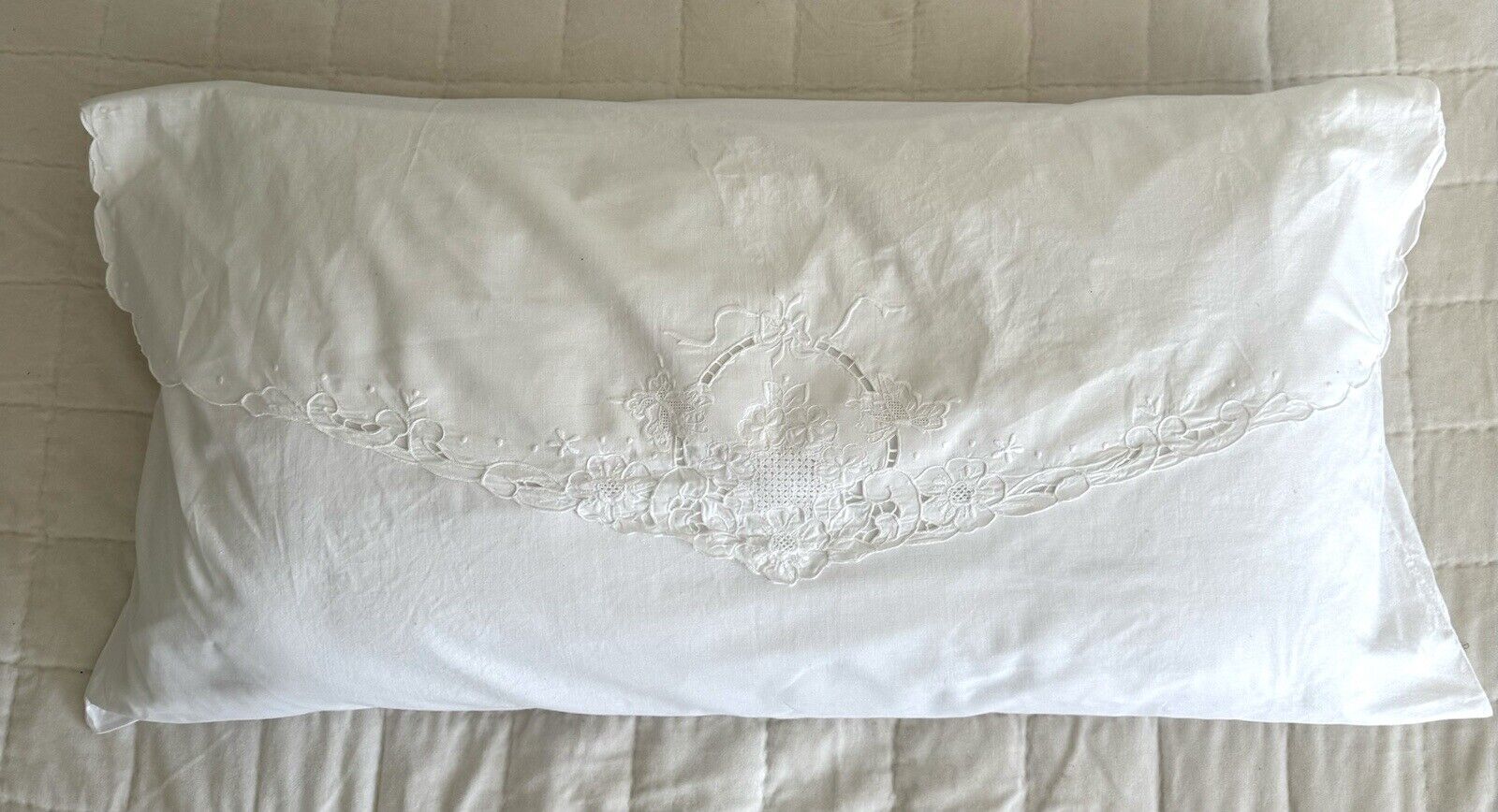 Vtg Cutwork White Cotton Sham King Size Envelope Floral Basket Embroidery