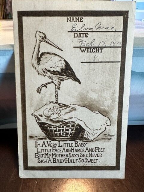 1912 Im a very little  Posted Postcard Baby & Stork Announcement Arrival Card TX