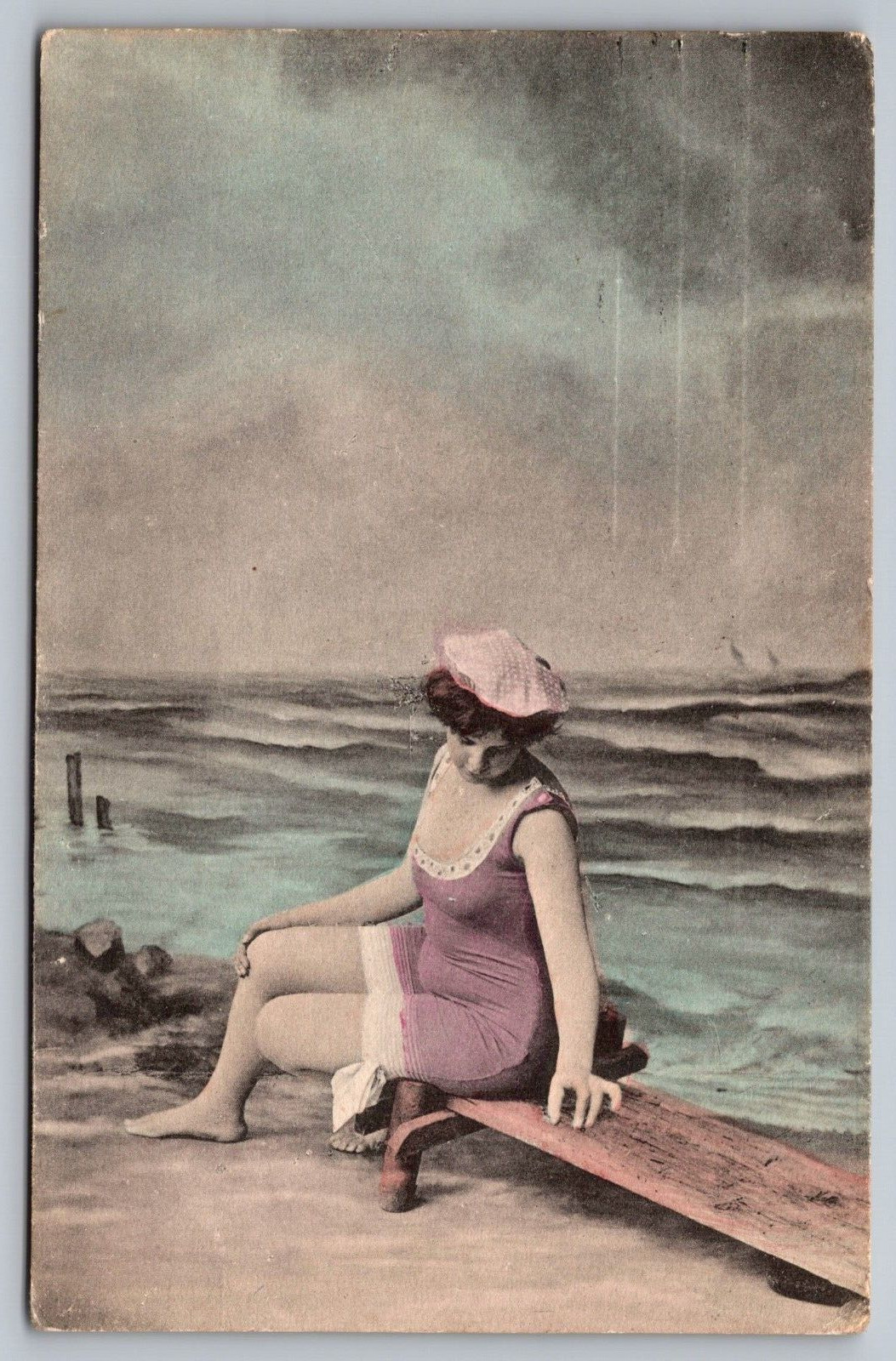 Woman Sitting by the Sea-Antique German Postcard Early 1900s-Rare Art