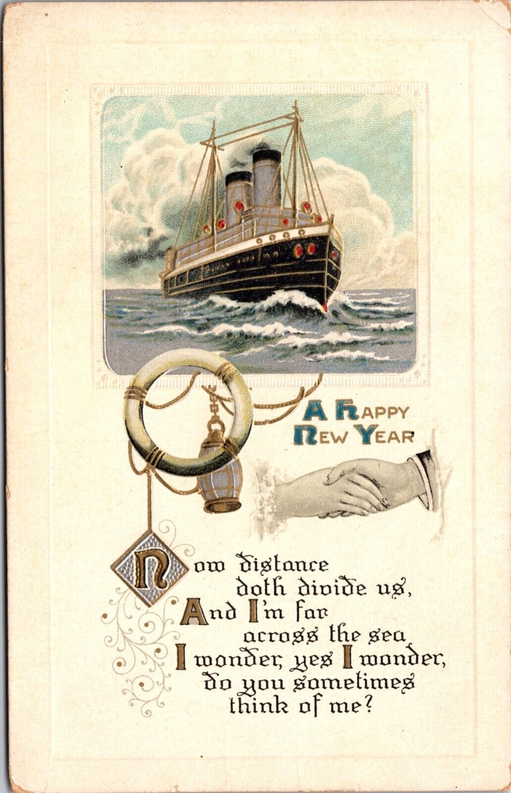 Happy New Year Postcard Man and Woman Shacking Hands Steamship in Ocean, Poem