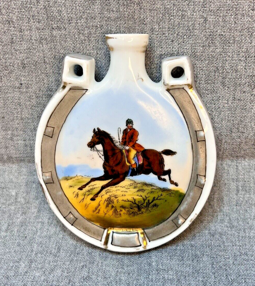 Antique German Porcelain Scent Perfume Bottle Horseshoe Equestrian Horse Rider