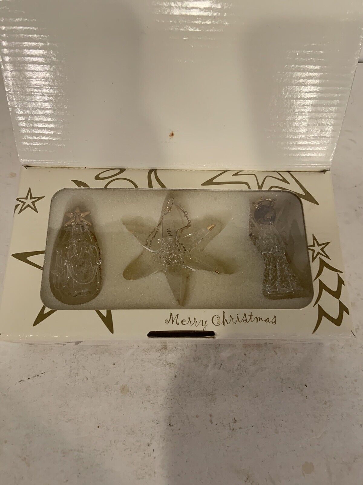 Vntg Spun Glass Christmas Ornaments Set Of 3 Angel, Snowflake & Tree NIB By AVON