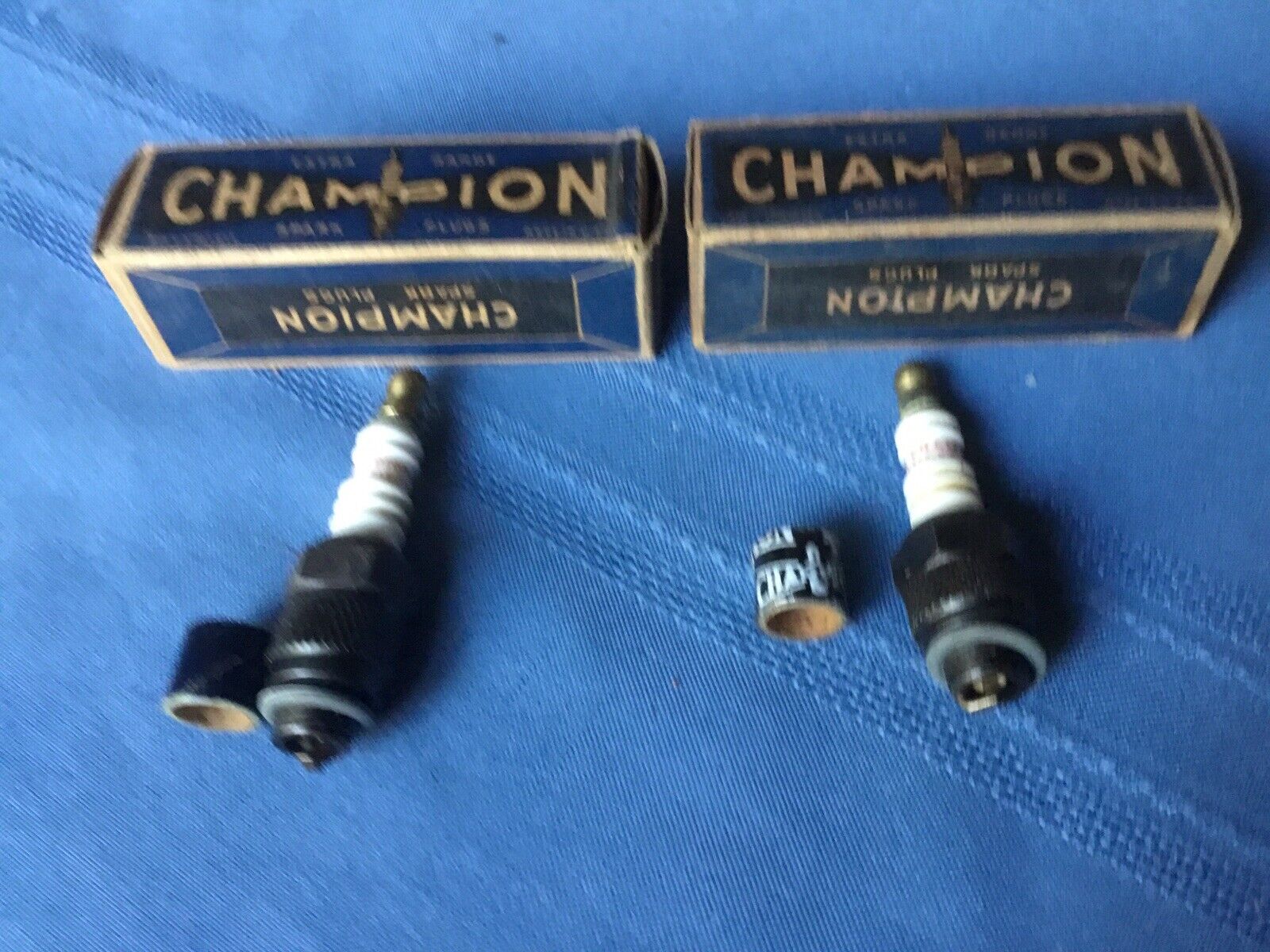 2 Vintage Champion Spark Plugs N. O. S. with Original Boxes  (Y-4-A and  Y-6)