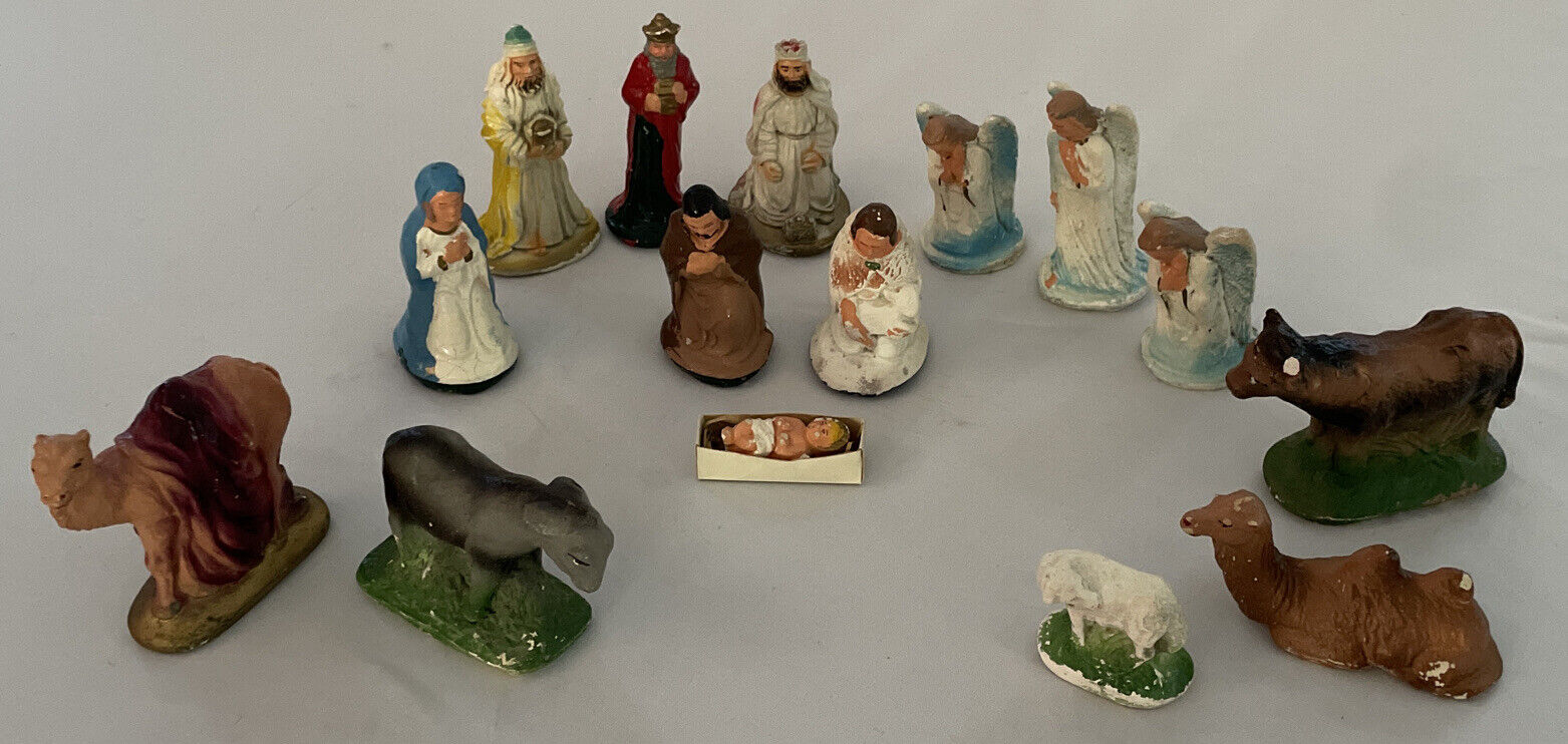 Vintage Christmas Nativity Set 15 Piece Resin Chalkware Figures READ Description